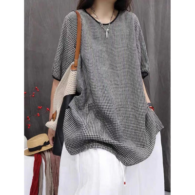 Camisa Cuadros Oversize Artística de Manga Tres Cuartos Estilo Vintage - Image 2
