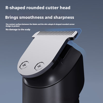 White electric hair clipper with a black top, silver blade, digital display, and power button on a dark base. - Image 3