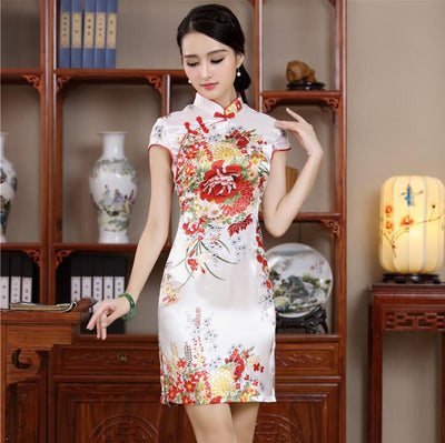 Vestido Cheongsam Estampado Manga Corta Ajustado para Escenario - Image 8