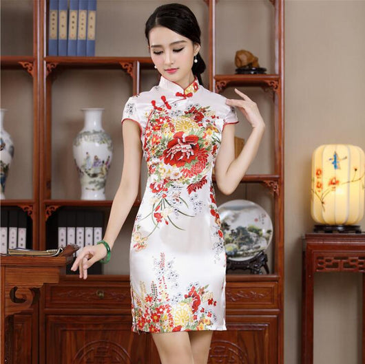 Vestido Cheongsam Estampado Manga Corta Ajustado para Escenario - Image 8