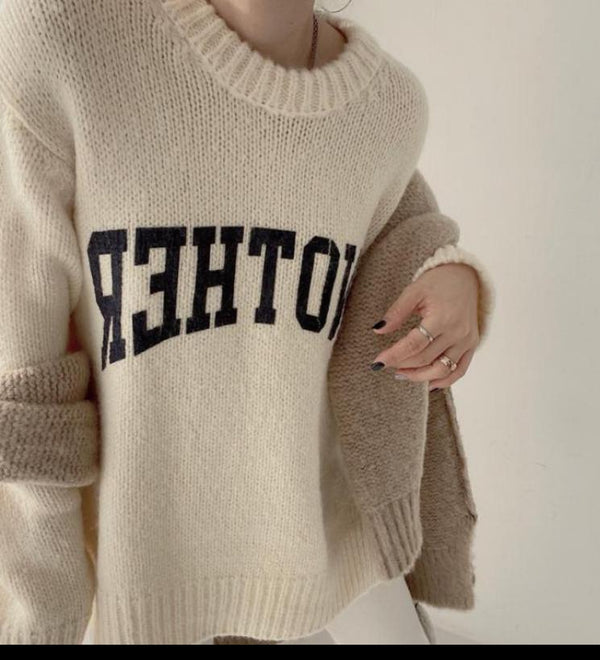 Suéter Tejido Holgado con Estampado de Letras y Cuello Redondo en Colores Pastel