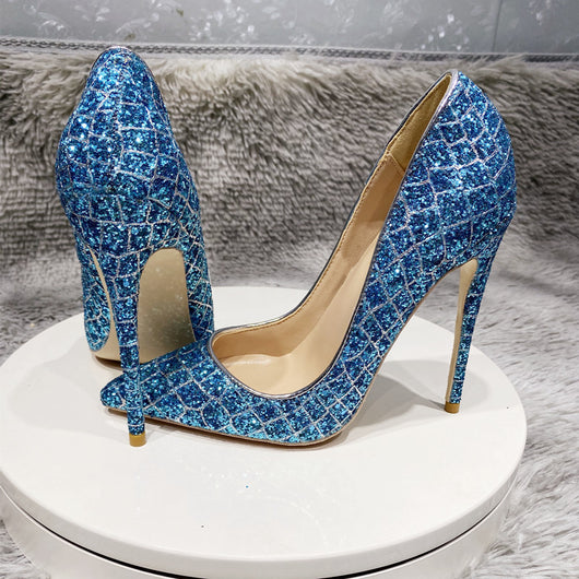 Zapatos de Tacón Alto Azul con Lentejuelas para Bodas y Uso Diario - Image 10