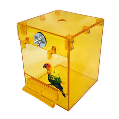 Transparent yellow square bird bath with a front perch and metal attachment for external cage mounting. - Image 8
