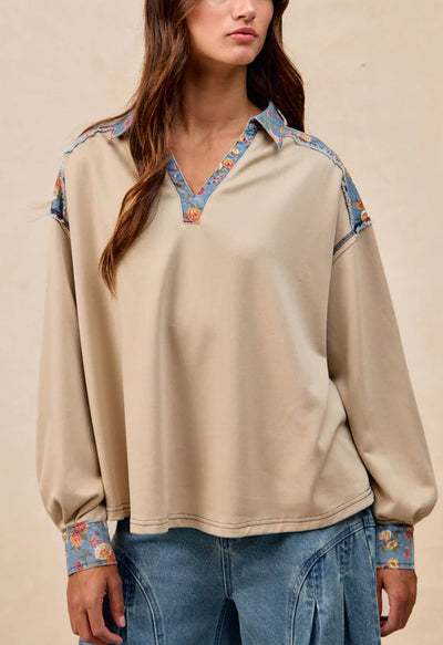 Sudadera Holgada Estilo Francés con Solapa y Patchwork para Mujer - Image 7