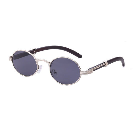 Retro oval sunglasses with gold metal frames and dark wood-like temples, featuring gradient black lenses. - Image 15