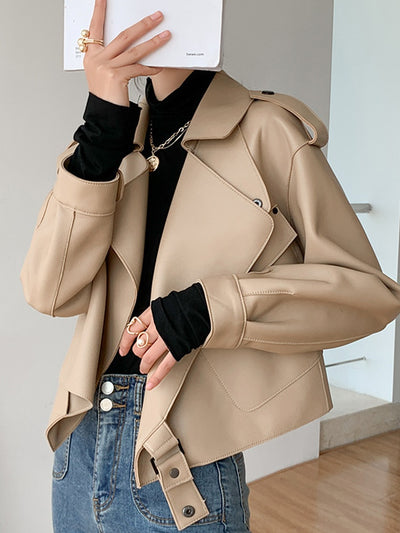 Chaqueta de Cuero Genuino para Mujer - Abrigo Corto de Piel de Oveja Holgado - Image 16