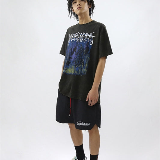 Camiseta Hip-hop Estilo Retro Knight de Manga Corta