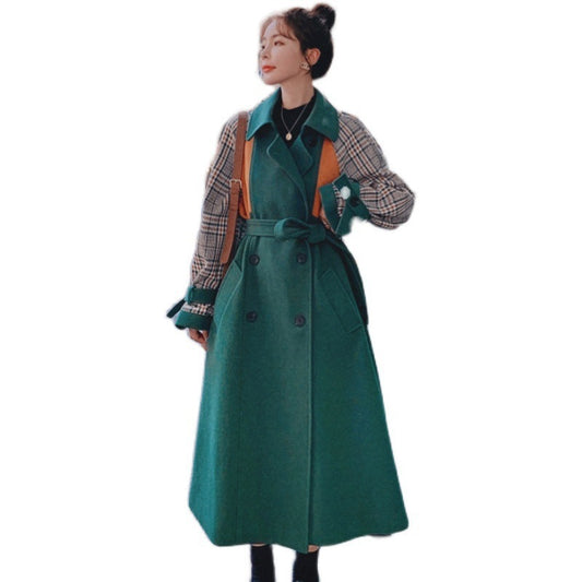Abrigo de Lana Cuadrillé Coreano Verde Oscuro Largo Medio