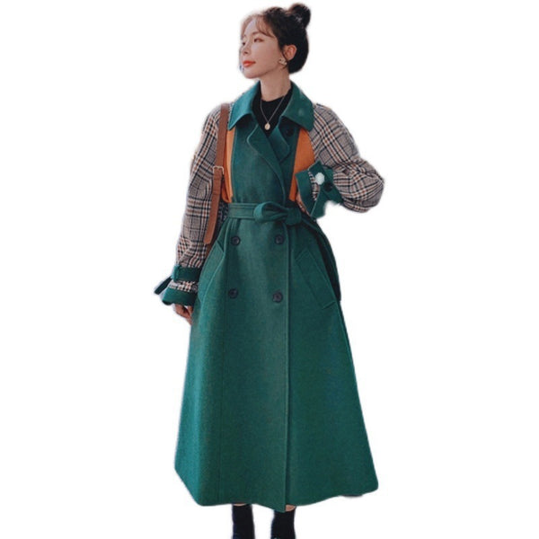 Abrigo de Lana Cuadrillé Coreano Verde Oscuro Largo Medio