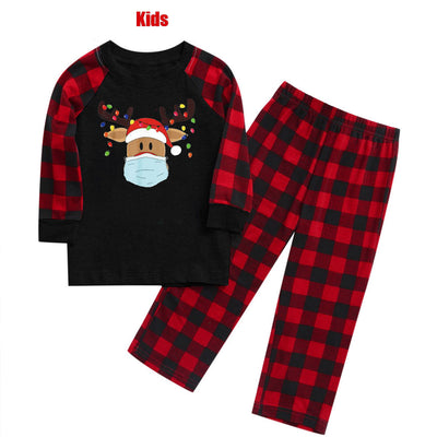 Matching family Christmas pajamas with grey tops, red plaid sleeves, and a reindeer wearing a Santa hat and face mask. - Image 7