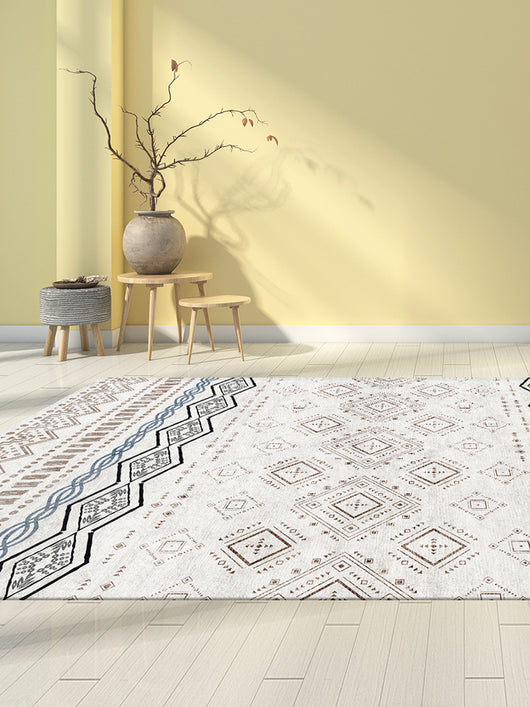 Rectangular area rug with white background and horizontal stripes of black, teal, and yellow tribal patterns. - Image 20