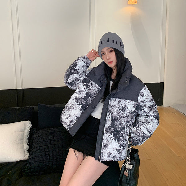 Chaqueta Acolchada Suelta Estampada - Abrigo Corto Grueso