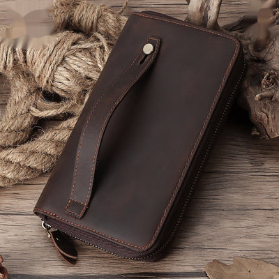 Billetera de Cuero Genuino Vintage con Múltiples Compartimentos y Cierre de Cremallera