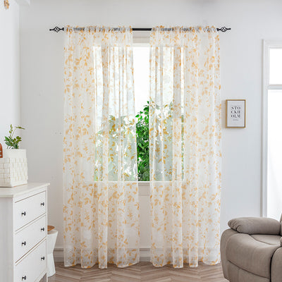 Sheer white mesh curtains with purple and light blue floral patterns, hung on a black rod in a bright room. - Image 20