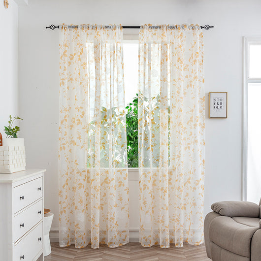 Sheer white mesh curtains with purple and light blue floral patterns, hung on a black rod in a bright room. - Image 20
