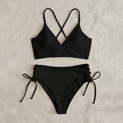 Light green ribbed bikini set with a V-neck bralette top and high-waisted bottoms featuring side tie details. - Image 22