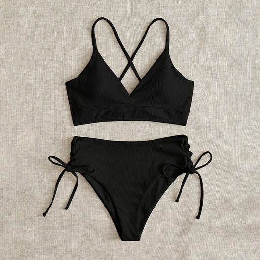 Light green ribbed bikini set with a V-neck bralette top and high-waisted bottoms featuring side tie details. - Image 22