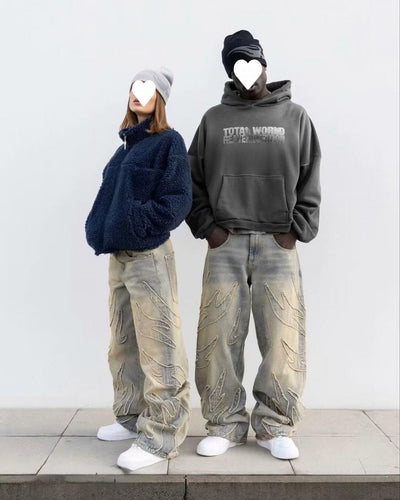 Pantalones Jeans Anchos Rotos Teñidos a Mano para Hombre - Image 15