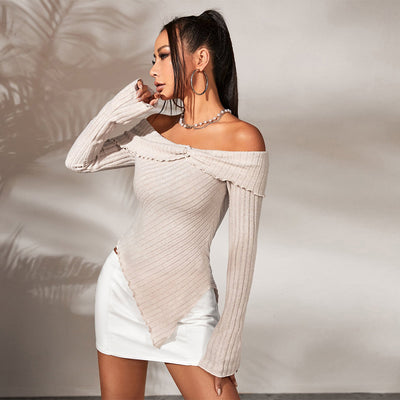 Blusa Elegante Hombros Descubiertos Manga Larga Asimétrica para Mujer - Image 3