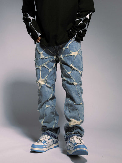Jeans Rectos Destruidos con Diseño Spider Web - Image 6