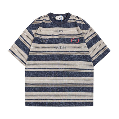 Camiseta Retro Rayas Japonesa con Estampado de Letras - Unisex