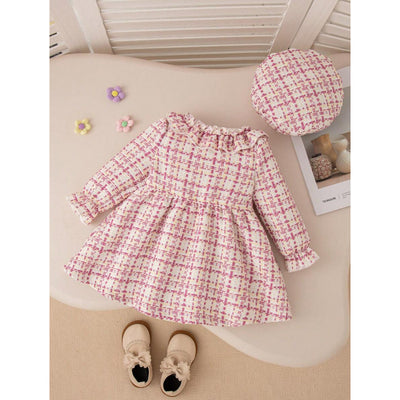 Vestido Infantil Cuadros con Cuello de Encaje y Moño - Image 3