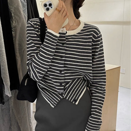 Cardigan Clásico de Rayas Estilo Francés para Mujer