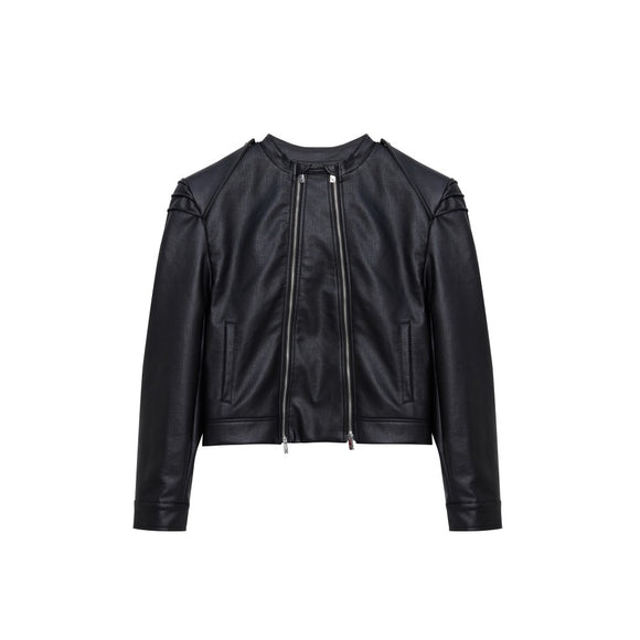Chaqueta de Cuero PU con Doble Cierre y Diseño Dividido