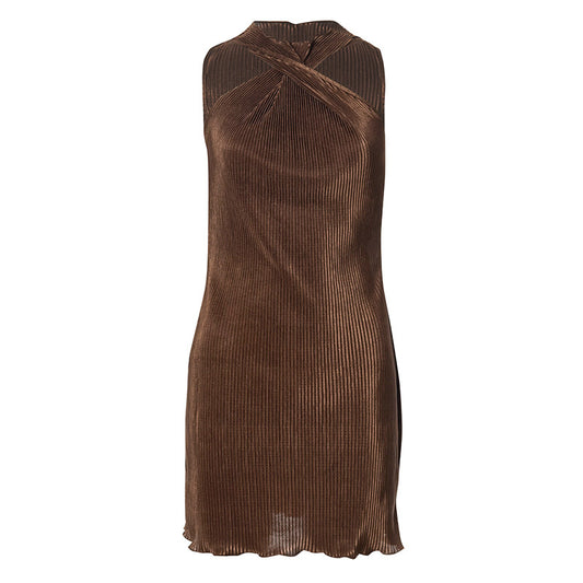 Vestido Halter sin Mangas con Detalle de Madera