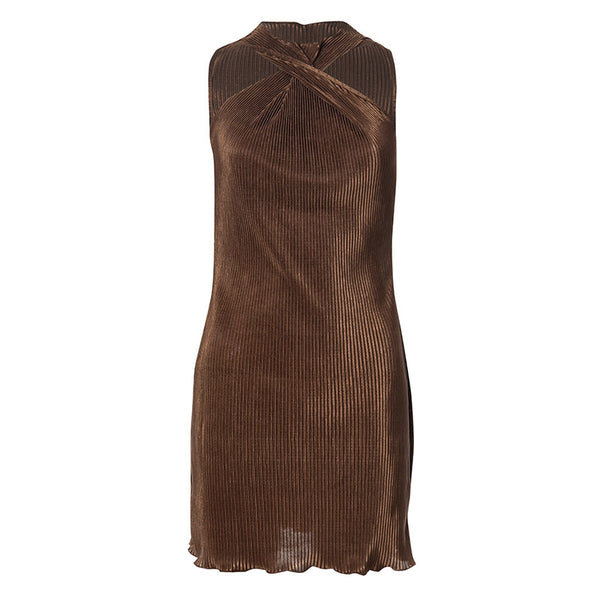 Vestido Halter sin Mangas con Detalle de Madera