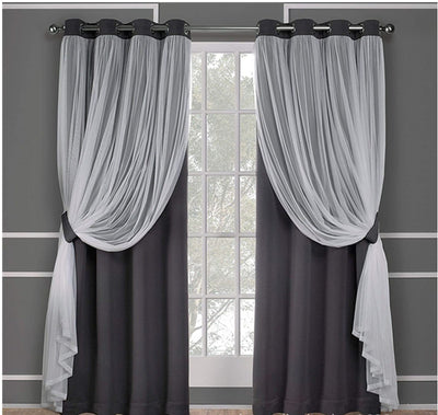 Dark blue double layer shading curtains with white sheer lace overlays, hung on a silver grommet rod. - Image 7