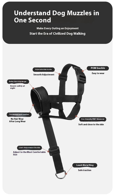Black and brown leather and nylon dog muzzle with adjustable straps and a D-ring, shown with a size chart. - Image 17