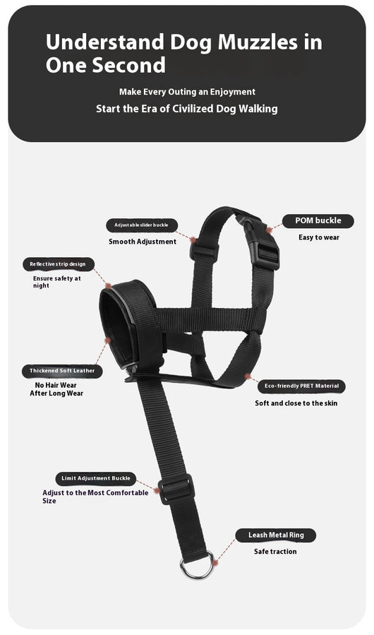 Black and brown leather and nylon dog muzzle with adjustable straps and a D-ring, shown with a size chart. - Image 17