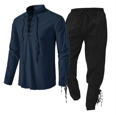 Conjunto de Dos Piezas: Camisa Casual de Lino y Algodón Manga Larga Color Sólido - Image 26