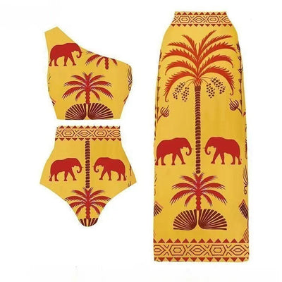 Black one-piece swimsuit with an asymmetrical top and matching long skirt, featuring a tropical palm tree and bird print. - Image 4