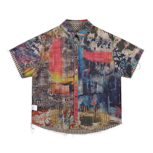 Camisa Corta de Hombre con Diseño Patchwork Cuadros y Graffiti Reversible