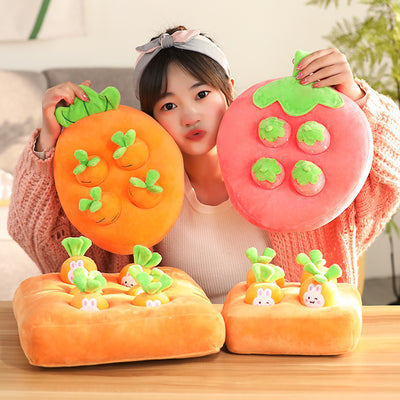 Orange plush carrot-shaped pet toy with four smaller removable carrots, featuring green tops and embroidered sleepy eyes. - Image 15