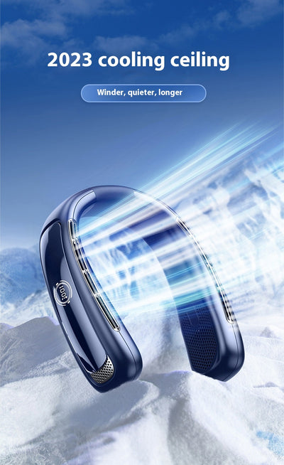Light blue U-shaped neck fan with a digital display showing 100% charge and multiple air vents. - Image 36