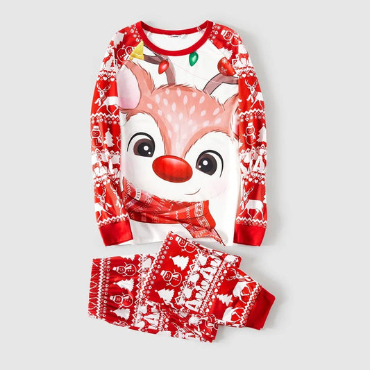Red and white matching family Christmas pajamas with cartoon reindeer, Christmas trees, and snowman patterns. - Image 2