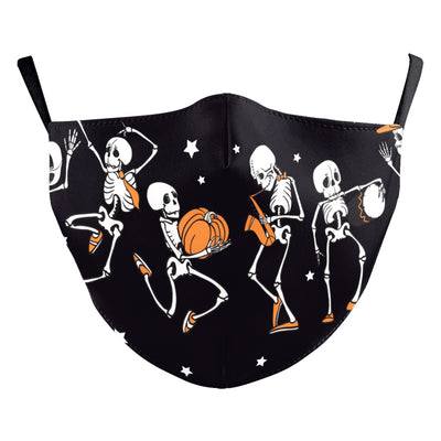 Black double-layer face mask with a repeating pattern of glowing white jack-o'-lantern faces and ear hooks. - Image 30