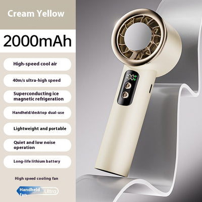 Obsidian black handheld fan with gold accents, digital display, and semiconductor ice cooling for high-speed cool air. - Image 7
