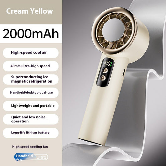 Obsidian black handheld fan with gold accents, digital display, and semiconductor ice cooling for high-speed cool air. - Image 7