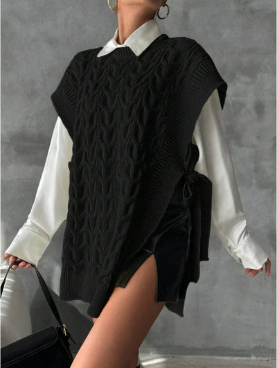 Chaleco Tejido Casual con Cuello V y Amarre Decorativo