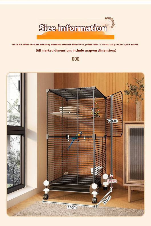 Large black metal bird cage with two columns and three levels, including perches, platforms, food bowls, and a pull-out tray. Two parrots are visible inside. - Image 9