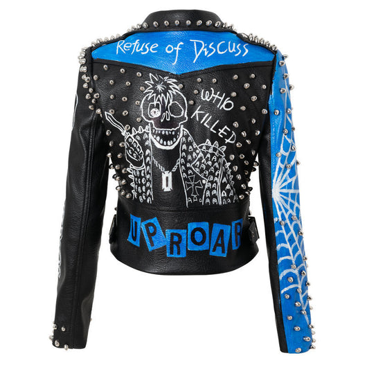 Chaqueta de Cuero Motociclista Talla Grande Ajuste Slim con Remaches y Letras - Image 8
