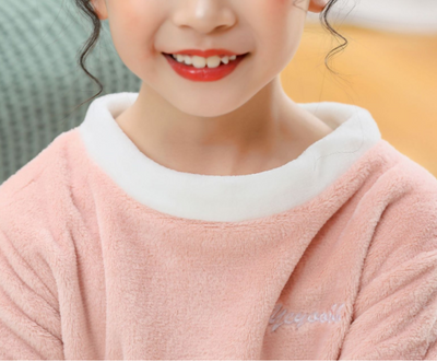 Reddish-brown coral velvet children's loungewear set with a long-sleeved top and matching pants, featuring white trim. - Image 18