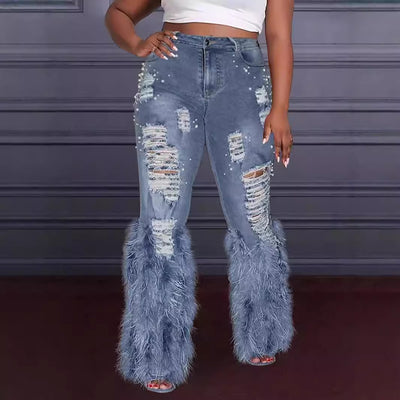 Jeans Stretch Rasgados con Detalles de Perlas - Image 4