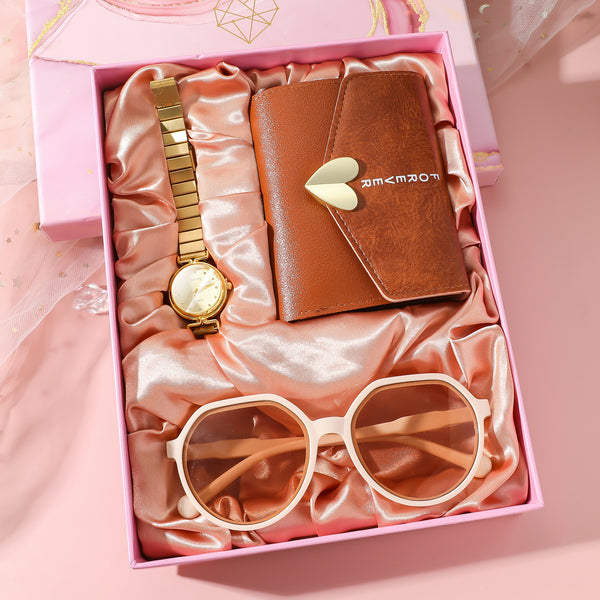 Set Completo de Accesorios para Mujer: Reloj, Billetera y Lentes de Acero