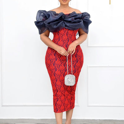 Vestido de Fiesta con Panel de Encaje en Malla y Cuello de Lino - Image 2