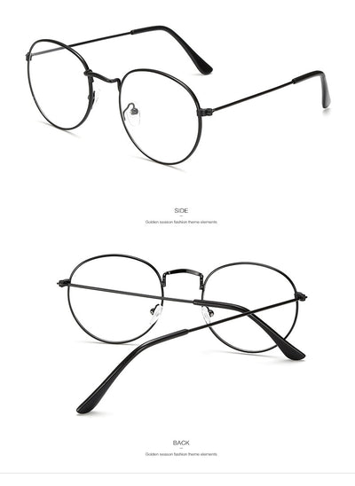 Retro oval anti-blue light glasses with a dark metal frame and clear lenses on a white background. - Image 13